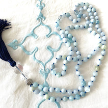 Load image into Gallery viewer, aquamarine mala necklace como to capri comotocapri crystal accent stones navy blue tassel meditation
