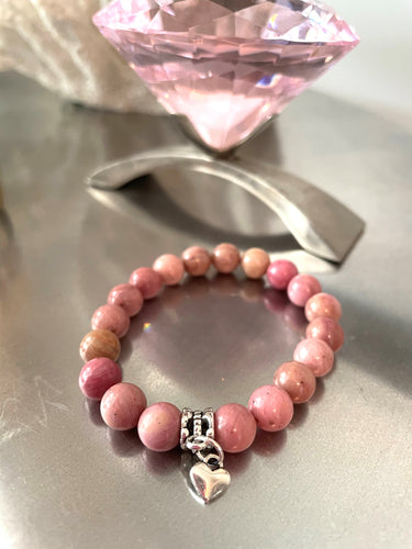 pink rhodocrosite mala bracelet silver heart charm comotocapri