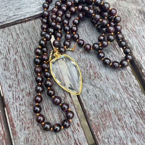 garnet mala necklace comotocapri meditation crystal sedona glass pendant