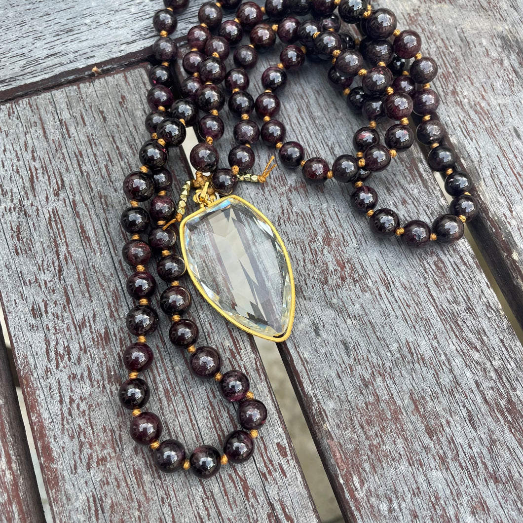 garnet mala necklace comotocapri meditation crystal sedona glass pendant