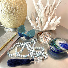 Load image into Gallery viewer, aquamarine mala necklace como to capri comotocapri crystal accent stones navy blue tassel meditation
