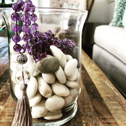 Amethyst Mala-mala necklace-Como To Capri-mala beads-yoga-glass jar-rocks-seaside
