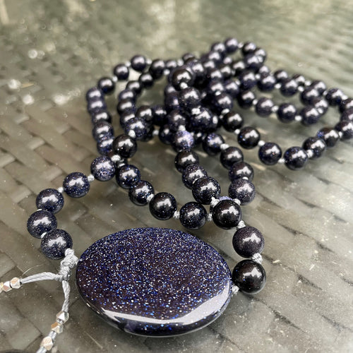 goldstone - comotocapri - como to capri - mala necklace - blue - purple - black