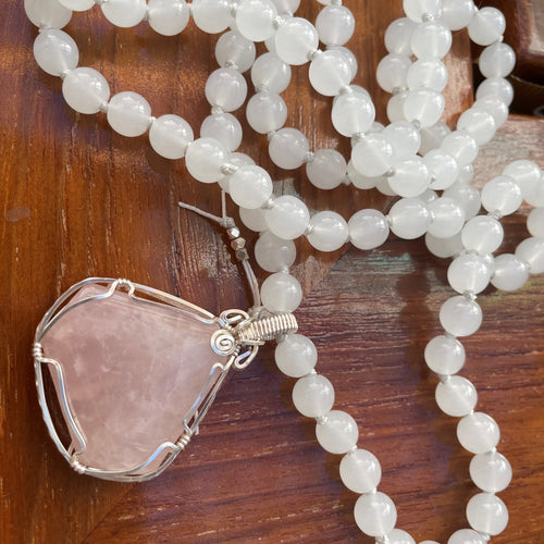 rose quartz - white quartz -silver - pendant - comotocapri - mala necklace - como to capri