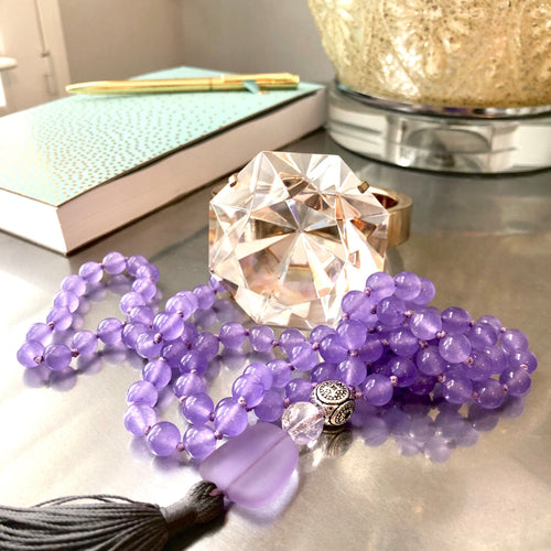 Purple Chalcedony Mala (with frosted glass accent)-mala necklace-Como To Capri-mala beads-yoga