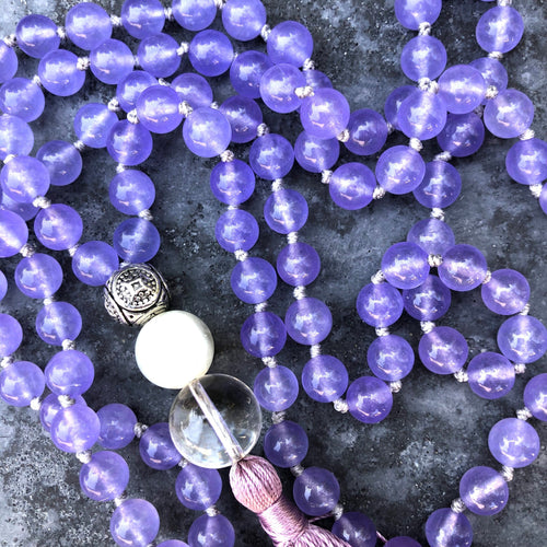 Purple Chalcedony Mala (with white glass accent)-mala necklace-Como To Capri-mala beads-yoga