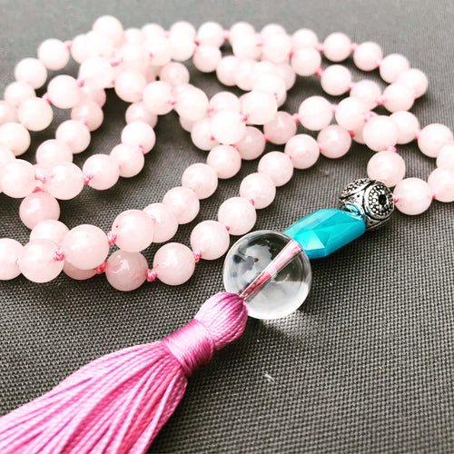 Rose Quartz Mala (with turquoise glass)-mala necklace-Como To Capri-mala beads-yoga
