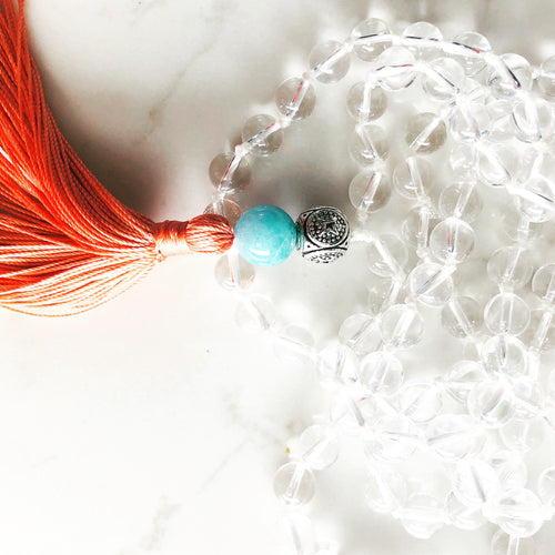 Crystal Quartz Mala (Tangerine Tassel)-mala necklace-Como To Capri-mala beads-yoga