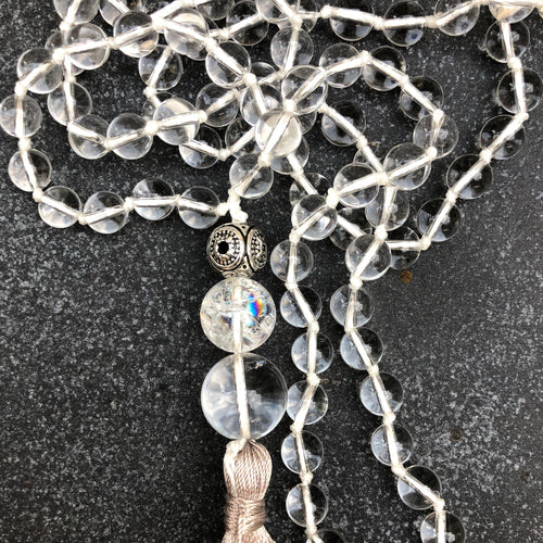 Crystal Quartz Mala (Grey Tassel)-mala necklace-Como To Capri-mala beads-yoga