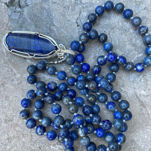 mala necklace - lapis - sedona - lapis pendant - silver wrapped - meditation - como to capri